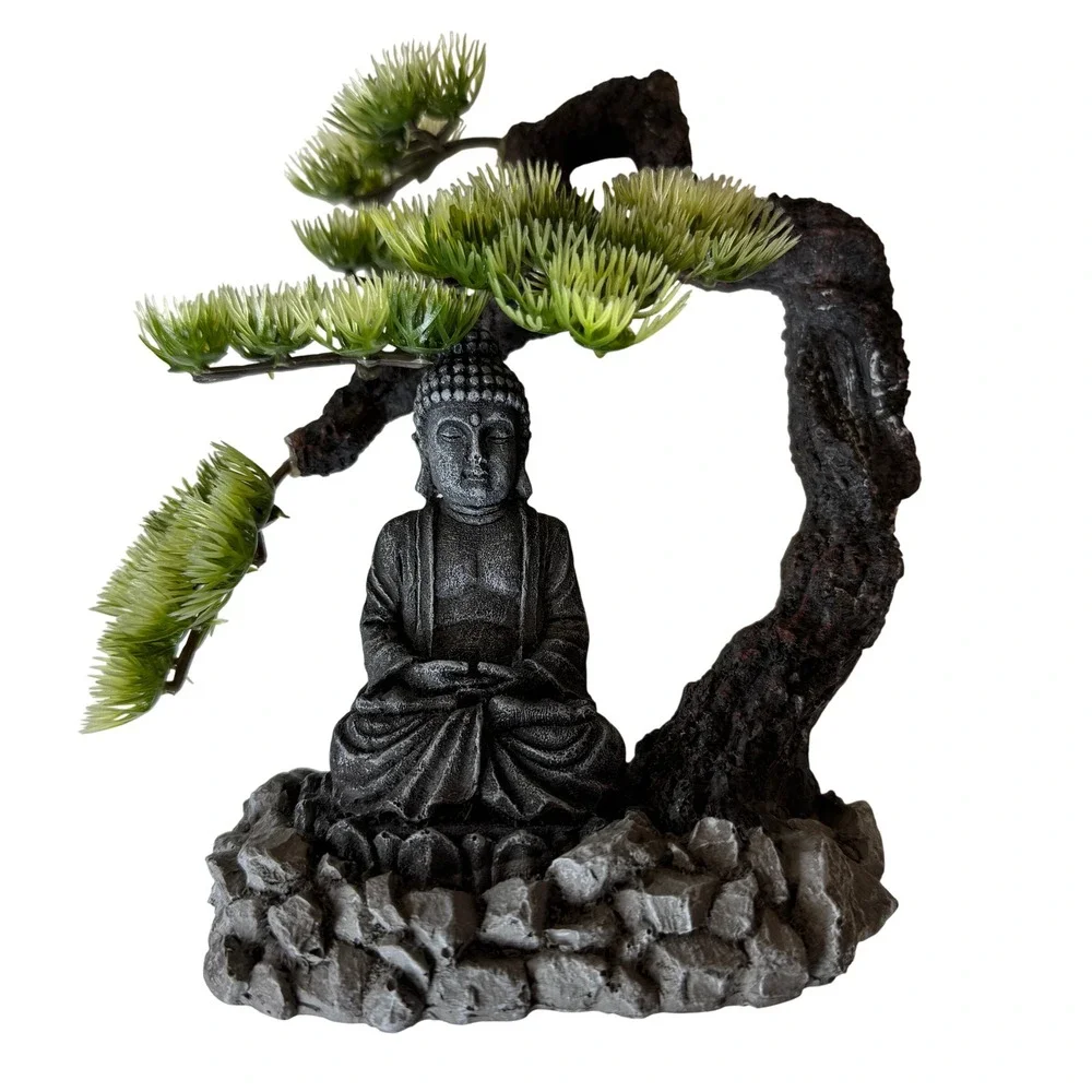 Buddha Statue with Bonsai Tree Aquarium Ornament Resin Zen Decor 8 Inch